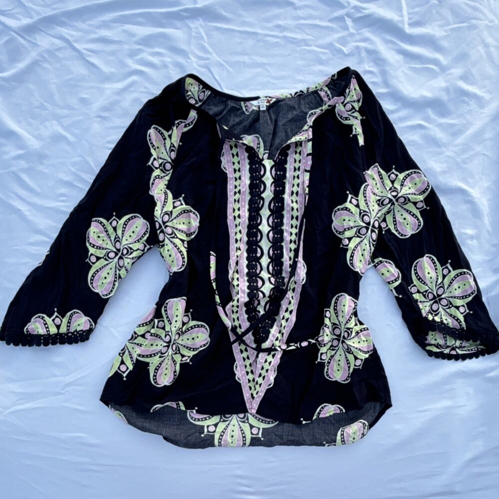 NEW Crown & Ivy Black Floral Chiffon Peasant Blouse Pom-Pom 3/4 Bell Sleeve M 14